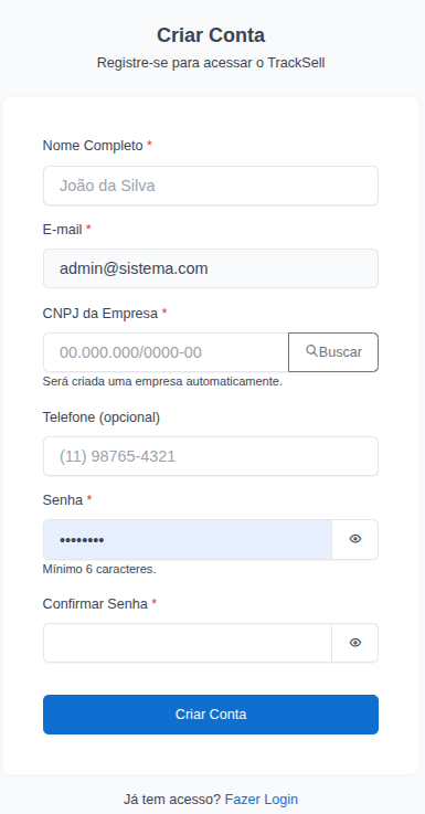 Tela de criação de conta do TrackSell