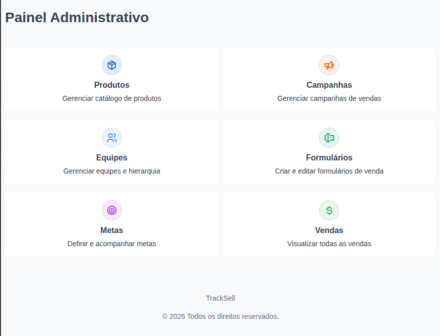 Painel administrativo da empresa no TrackSell